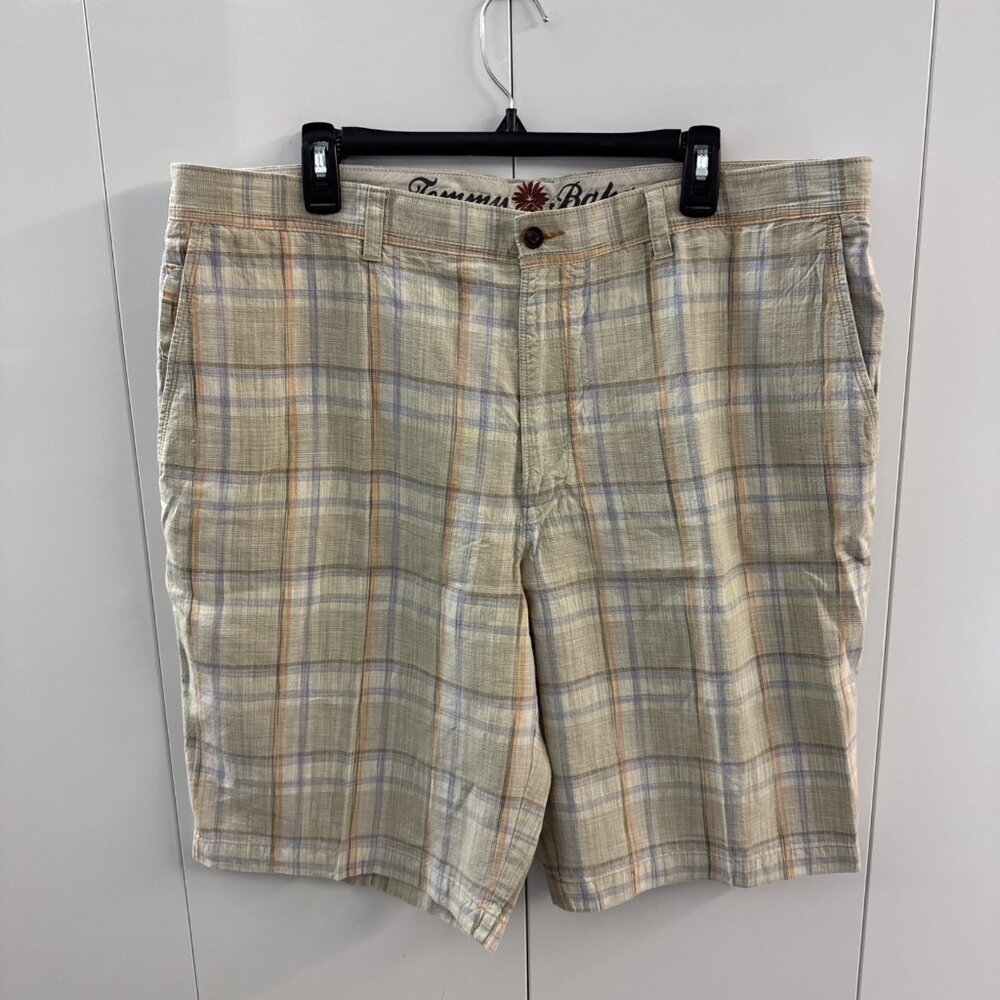 Tommy Bahama Mens 40 Shorts Linen Blend Brown Tan Casual Plaid‎ 10" Inseam
